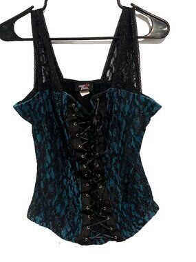 WHIMSIGOTH Mock Lace Up Glitter Bustier Top Blue Black XL Goth Grunge Steampunk
